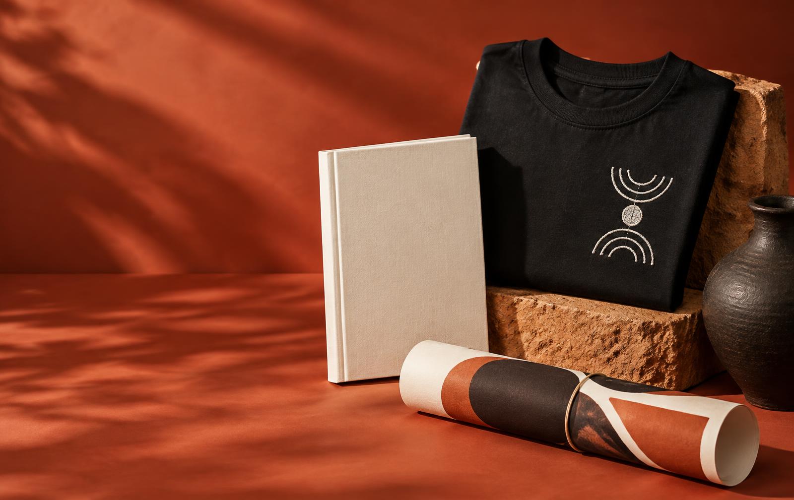 Ozikoro book, apparel and art print arranged together