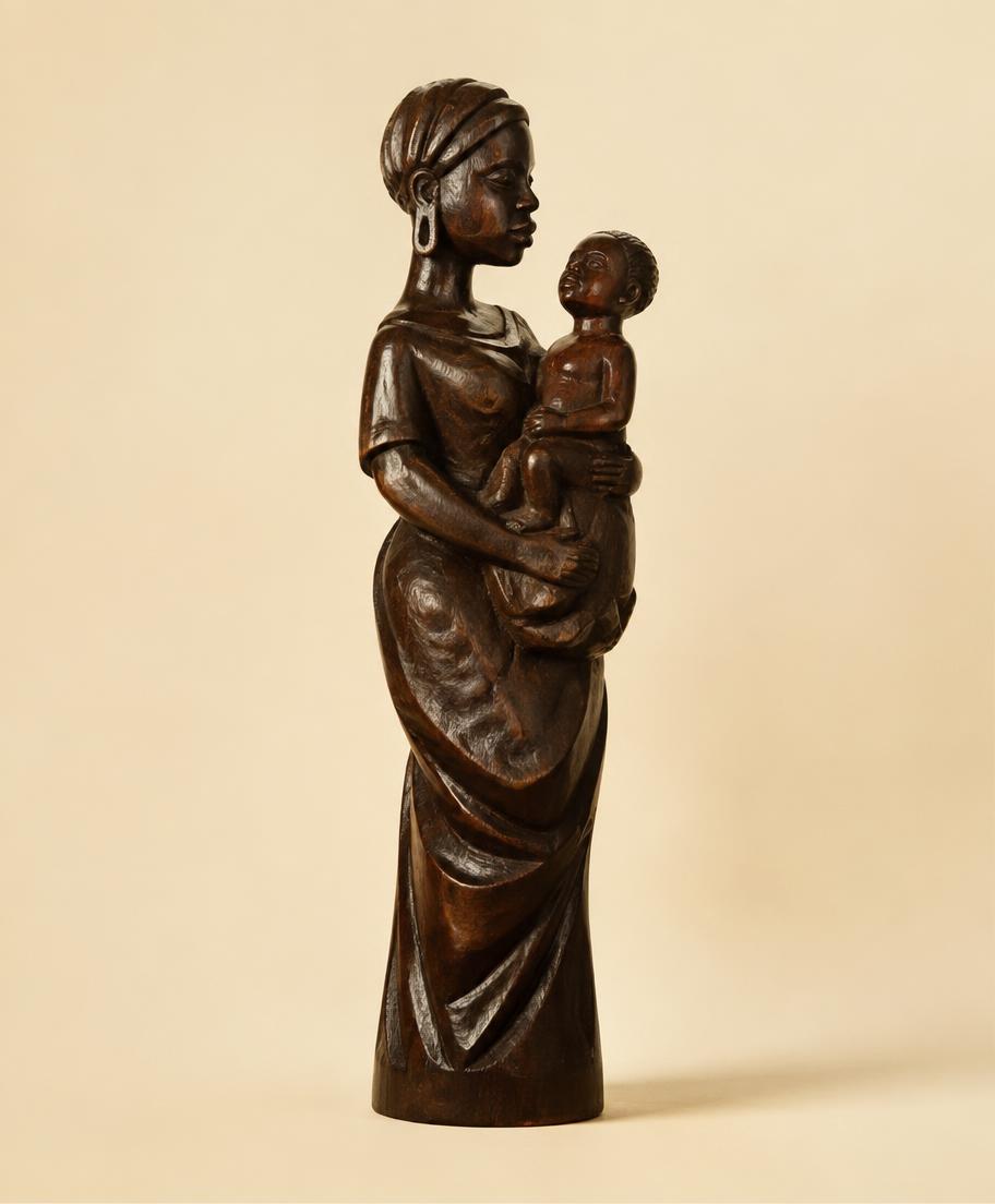 Carved wood mother and child sculpture